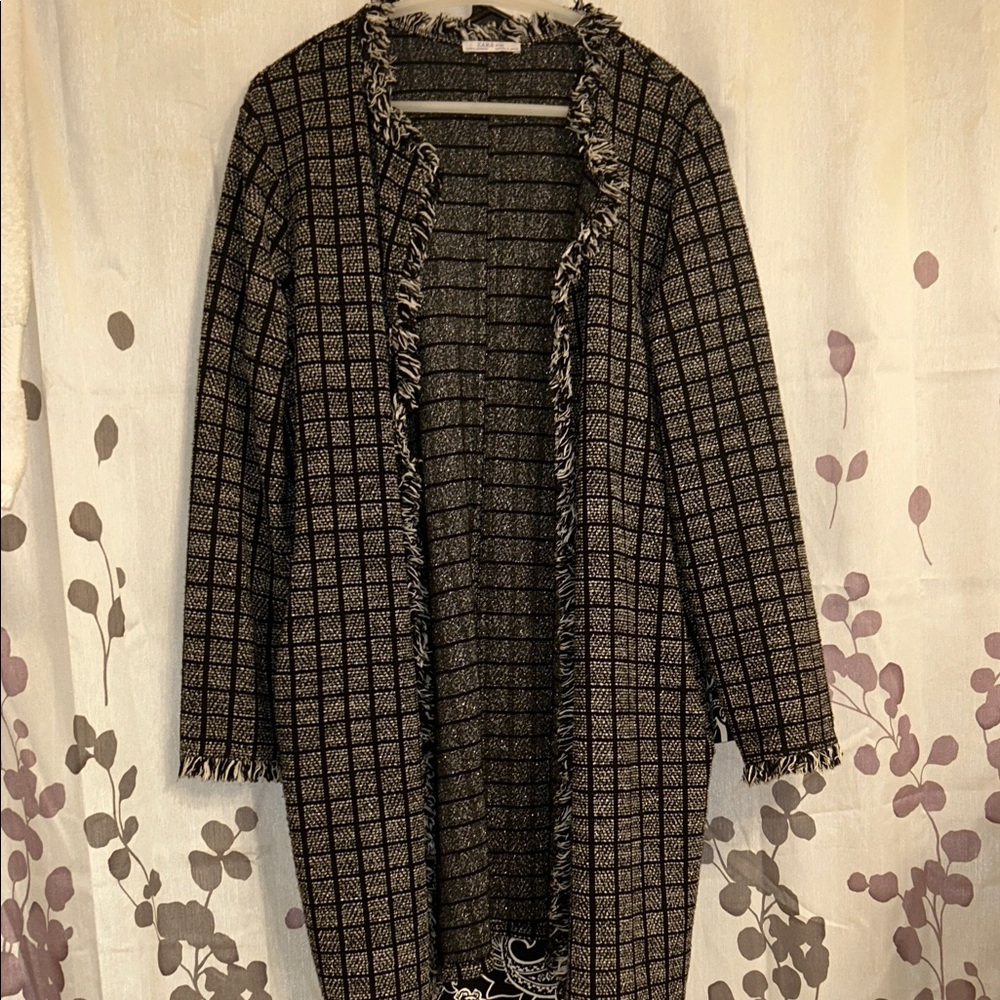 Zara XL Black and White Textured Fringe Long Jacket